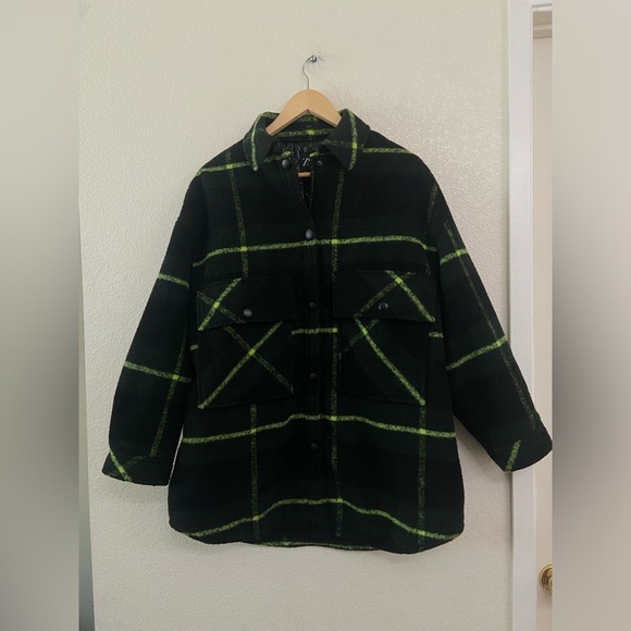 ZARA Oversized Plaid Shacket Coat Neon Green Black Wool Blend Y2K - Picture 4 of 14